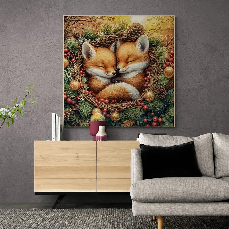 5D Diamond Painting – Zwei Fuchsjunge im Winterkranz