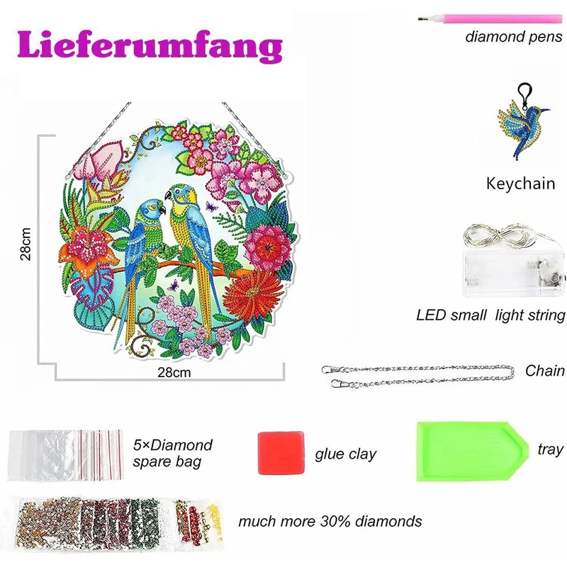 5D Diamond Painting Türanhänger Vögel mit LED und Anhänger