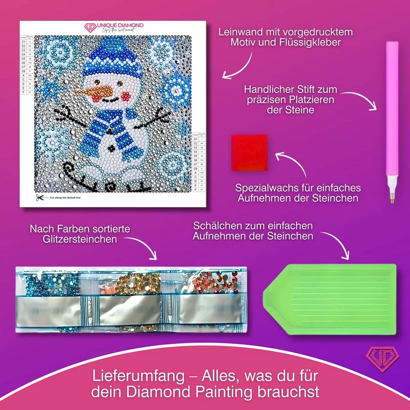 5D Diamond Painting Schneemann Flocki mit Strasssteinchen