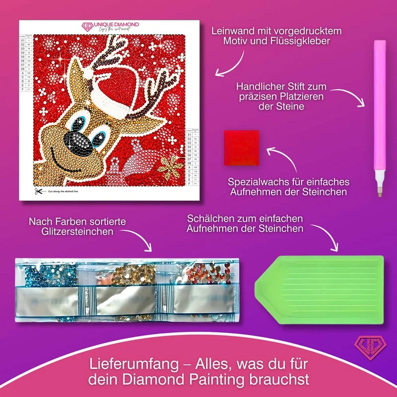 5D Diamond Painting Rentier Rudi mit Strasssteinchen