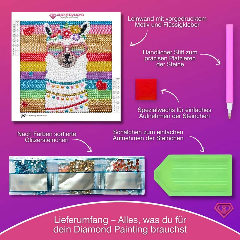 5D Diamond Painting Party-Alpaka Coco mit Strasssteinchen