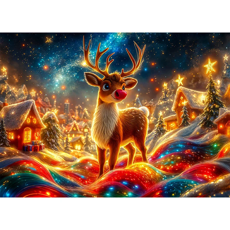 5D Diamond Painting – Weihnachtlicher Rudolph mit funkelnder Lichterbahn