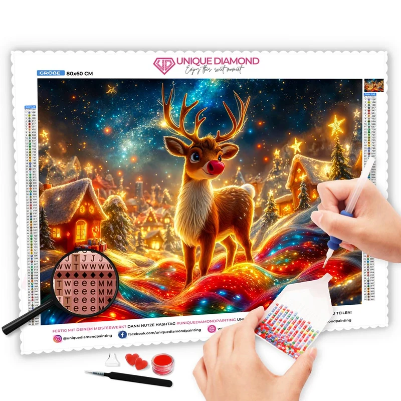 5D Diamond Painting – Weihnachtlicher Rudolph mit funkelnder Lichterbahn