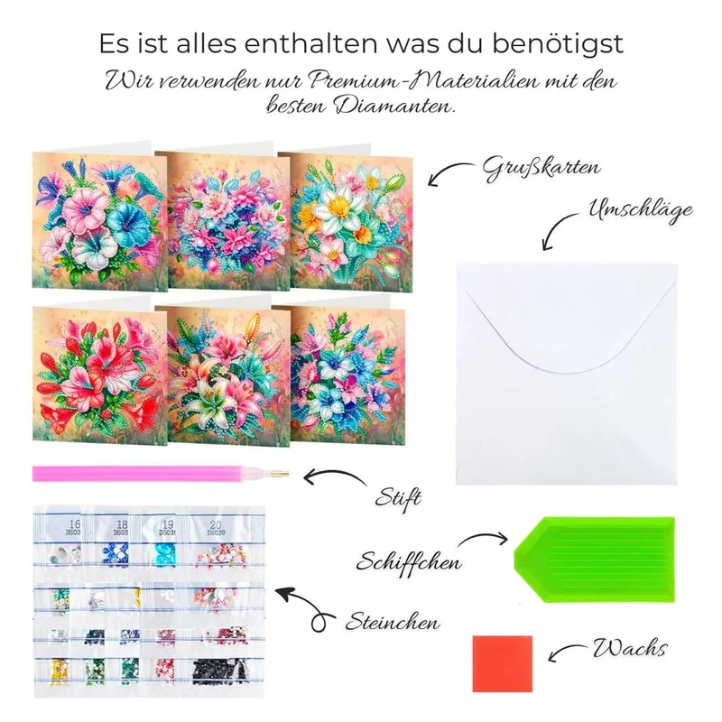 5D Diamond Painting Grußkarten – Blumenpracht 6 Stück