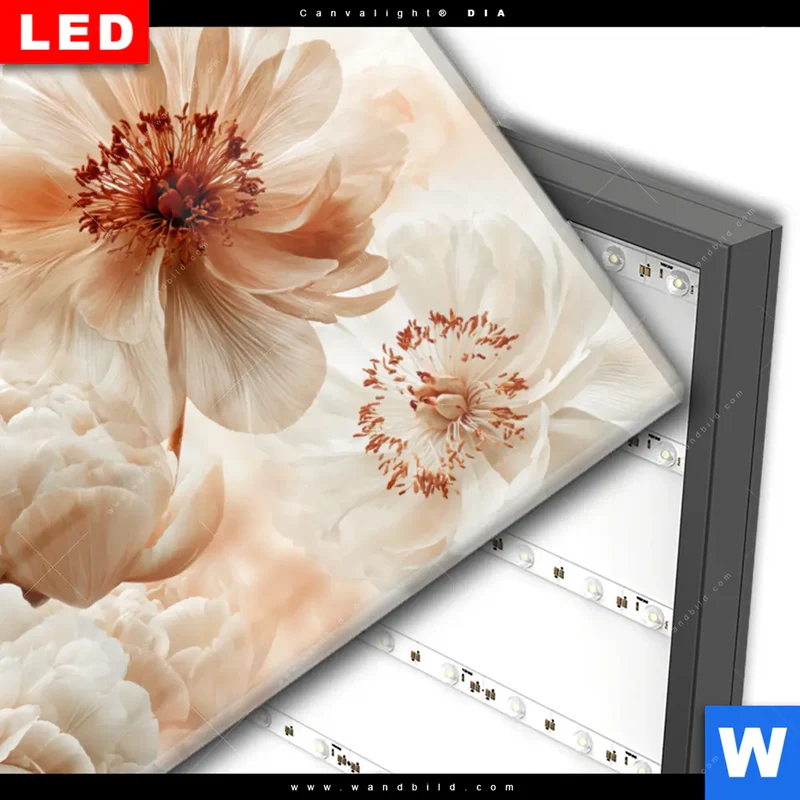 Wechselmotiv Acrylglas Canvalight® DIA | Pfingstrosen im Morgenlicht | Hochformat