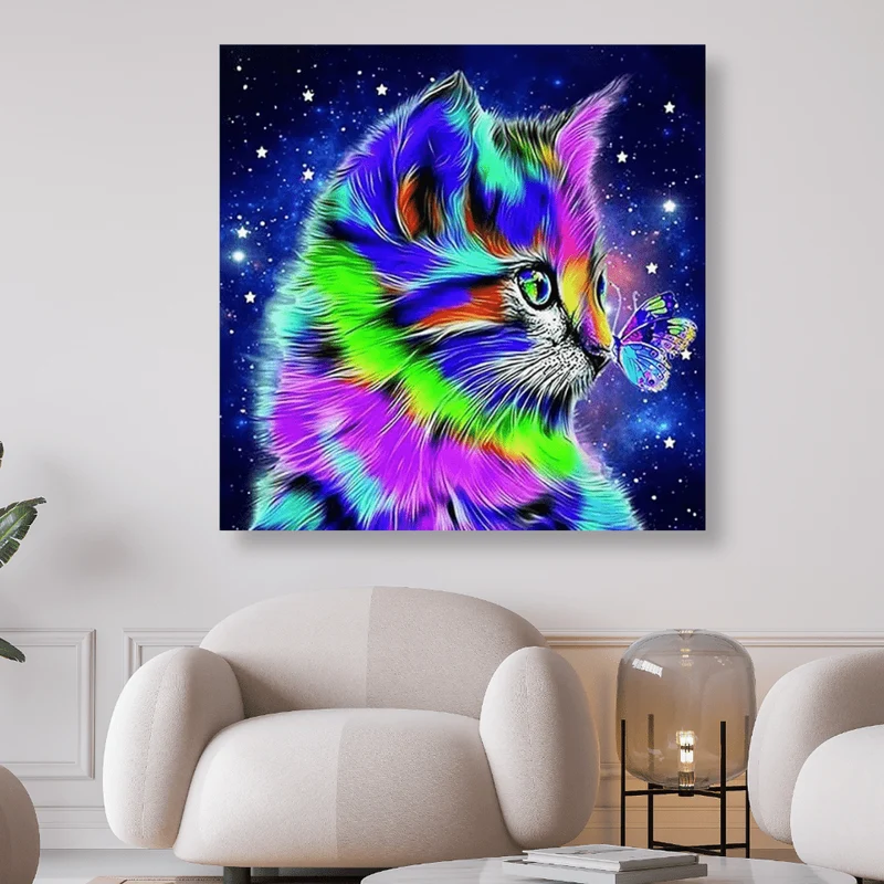 Buntes Kätzchen mit Schmetterling - 5D DIY Diamond Painting