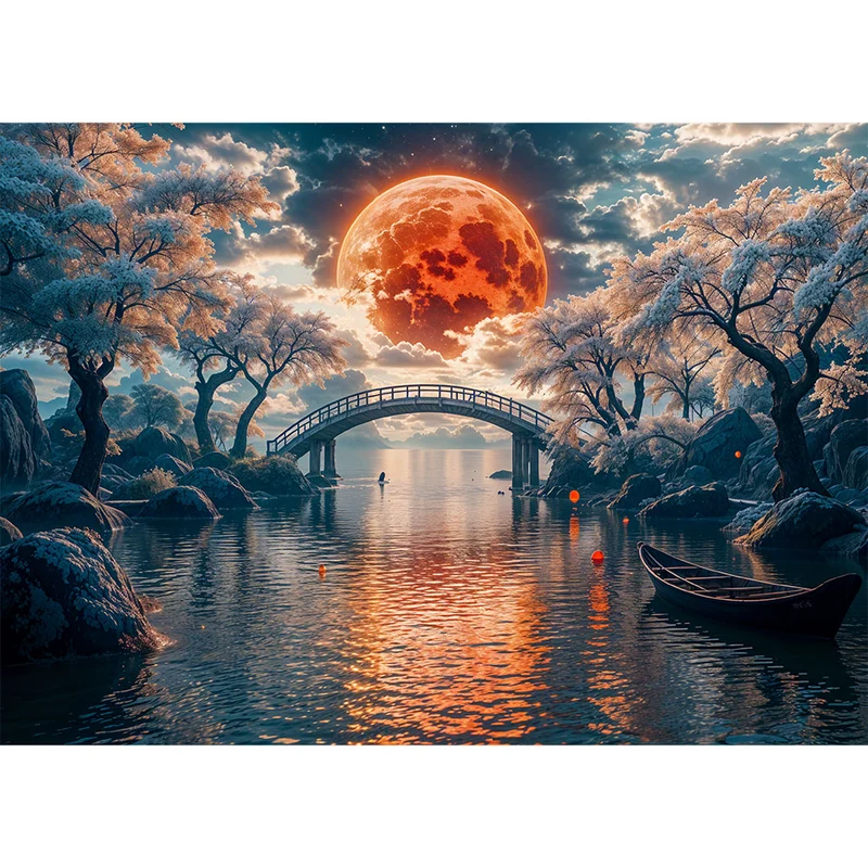 5D Diamond Painting – Brücke unter dem roten Mond