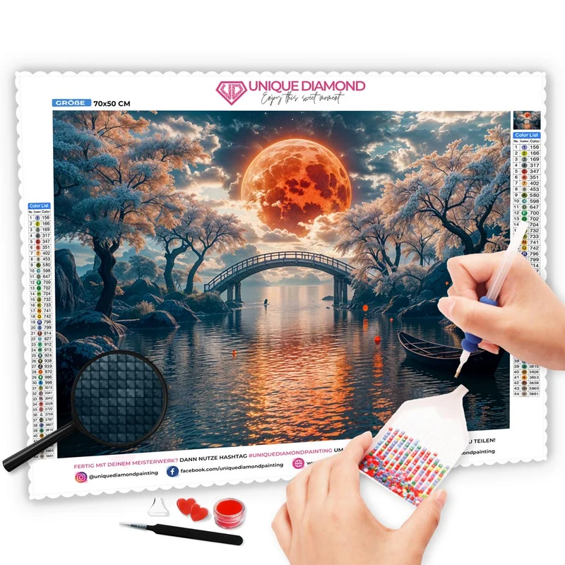 5D Diamond Painting – Brücke unter dem roten Mond