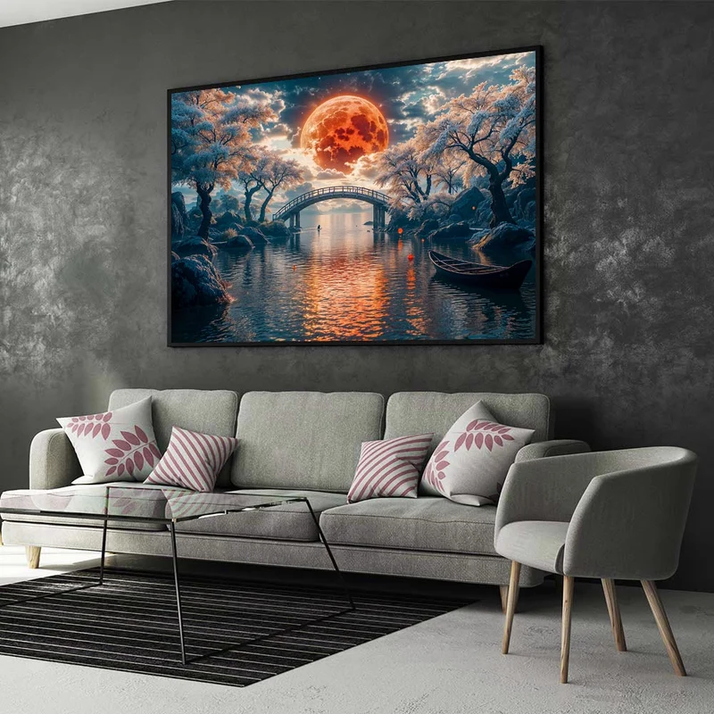 5D Diamond Painting – Brücke unter dem roten Mond