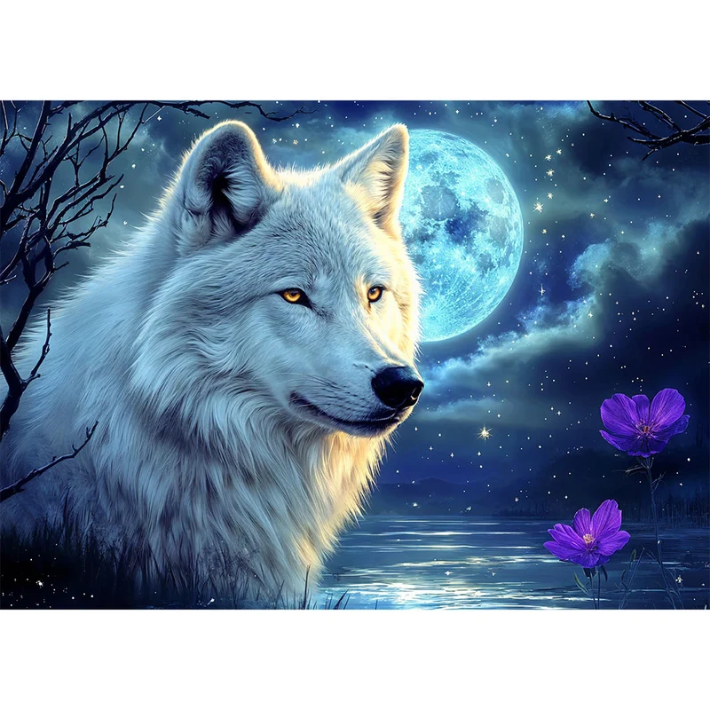 5D Diamond Painting – Einsamer Wolf im Mondlicht