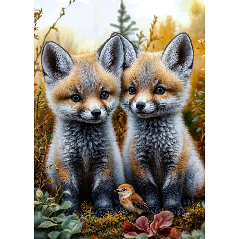 5D Diamond Painting – Zwillingsfüchse und Singvogel