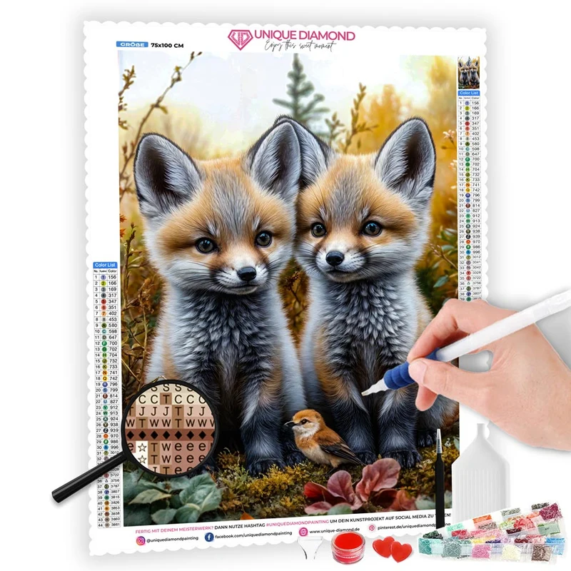 5D Diamond Painting – Zwillingsfüchse und Singvogel
