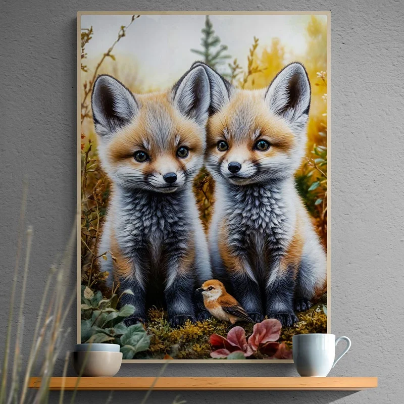 5D Diamond Painting – Zwillingsfüchse und Singvogel