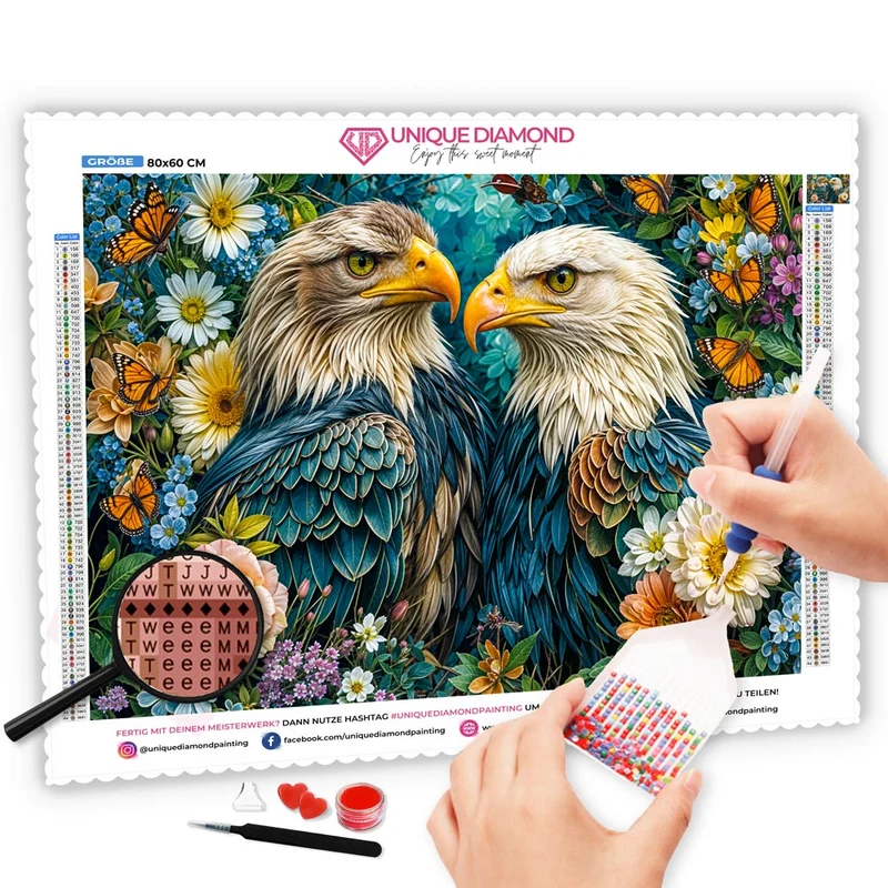 5D Diamond Painting – Königliche Adler im Blumenparadies