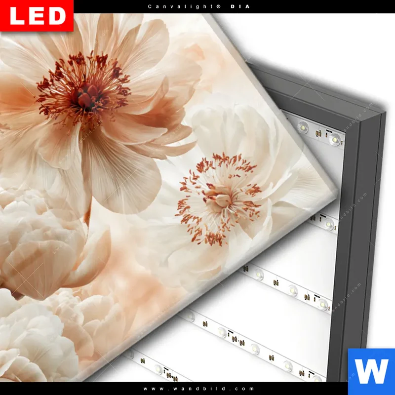 Wechselmotiv Acrylglas Canvalight® DIA | Pfingstrosen im Morgenlicht | Querformat