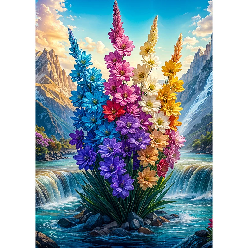 5D Diamond Painting – Blühende Blumen im Bergtal