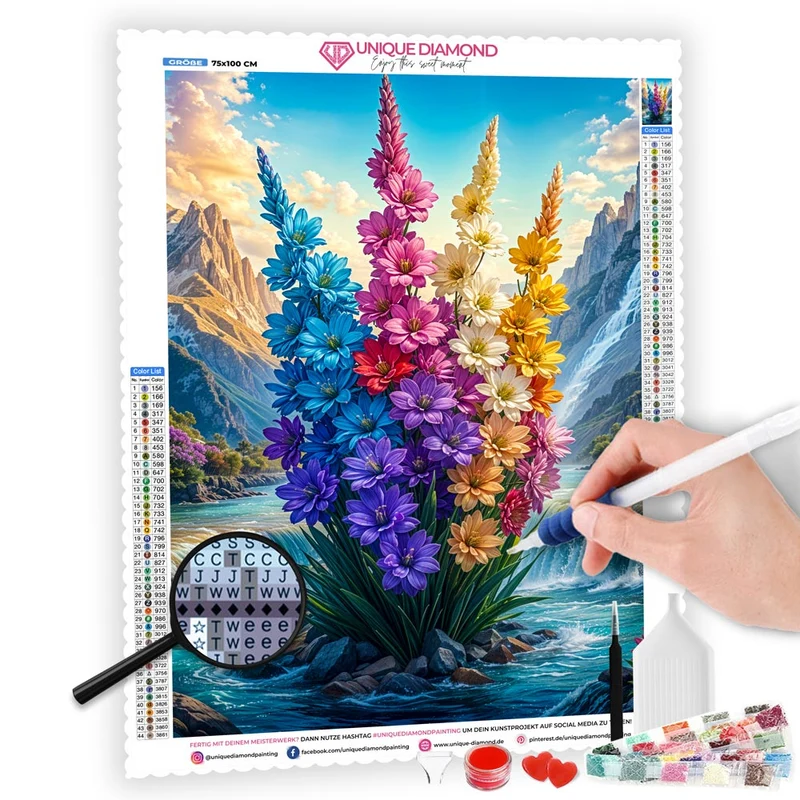 5D Diamond Painting – Blühende Blumen im Bergtal