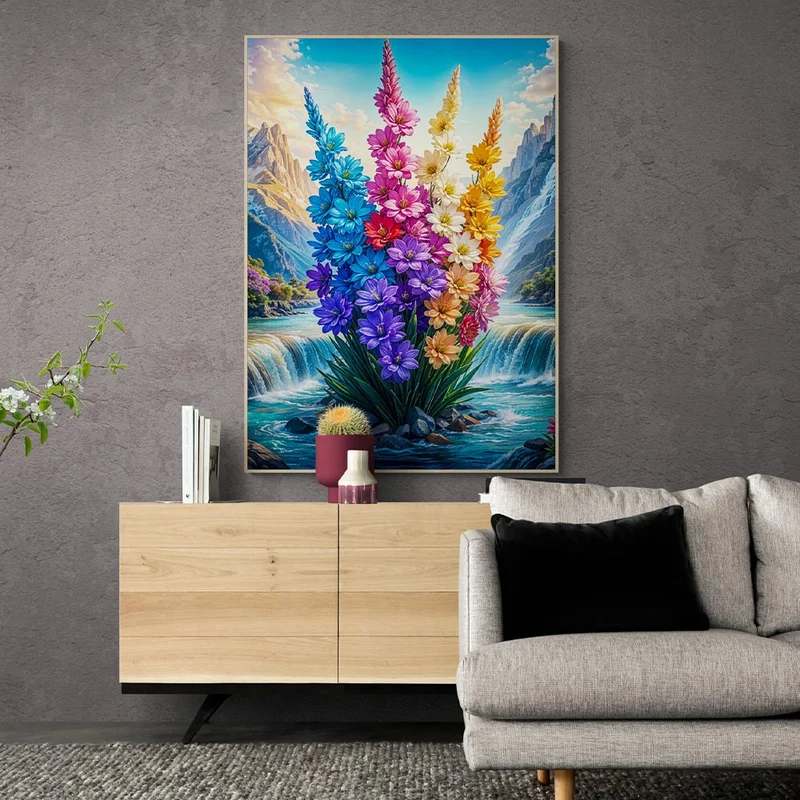 5D Diamond Painting – Blühende Blumen im Bergtal