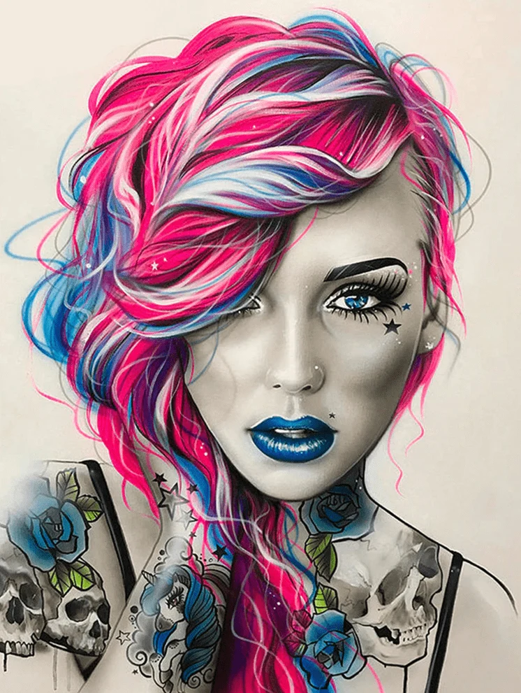 Tätowierte Frau mit Pink/Blauen Haaren - 5D DIY Diamond Painting