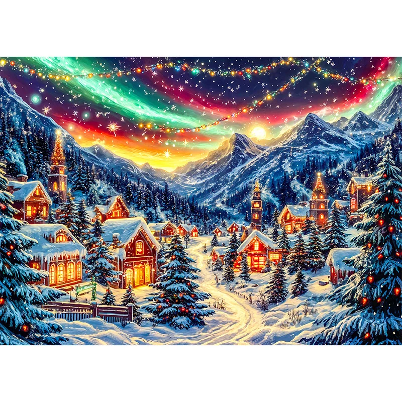 5D Diamond Painting – Winterliches Bergdorf unter Polarlichtern
