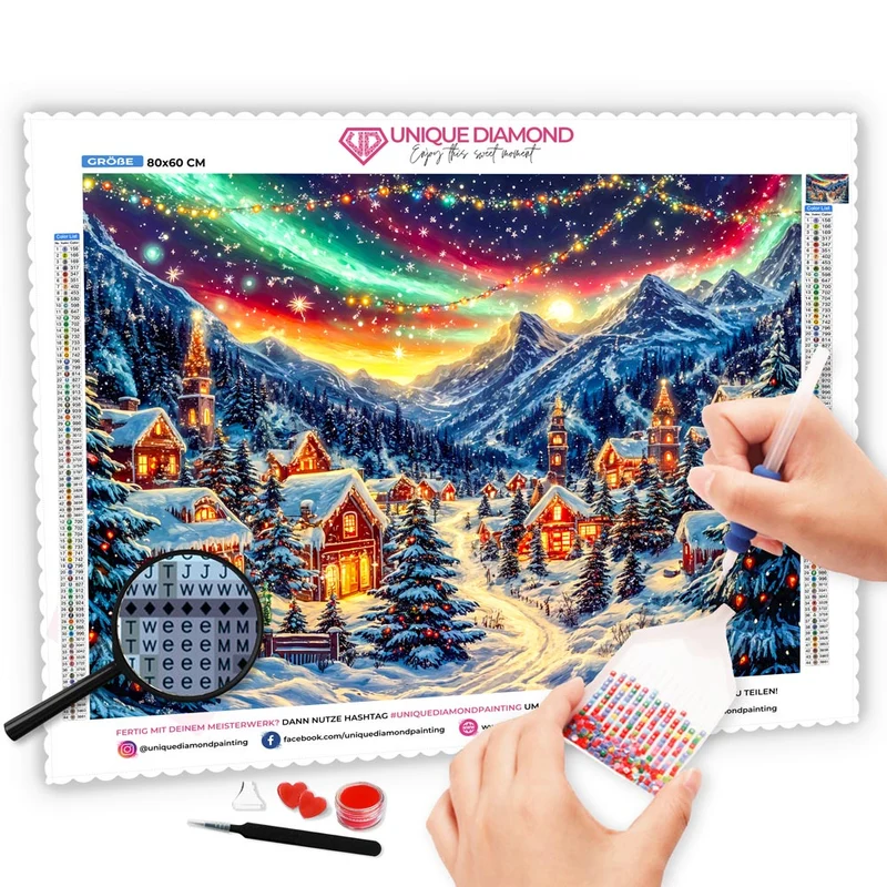 5D Diamond Painting – Winterliches Bergdorf unter Polarlichtern