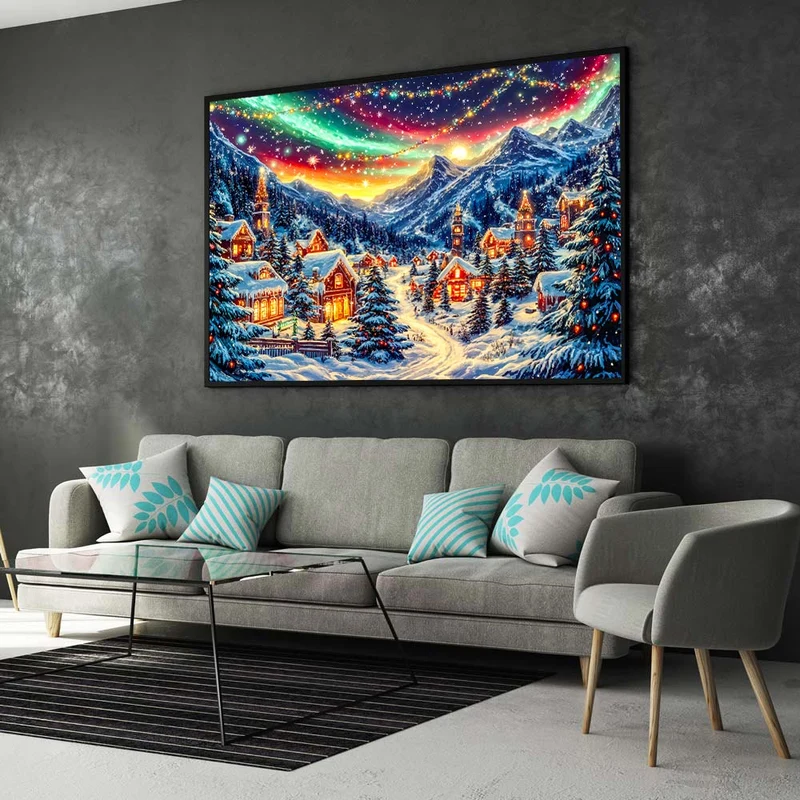 5D Diamond Painting – Winterliches Bergdorf unter Polarlichtern
