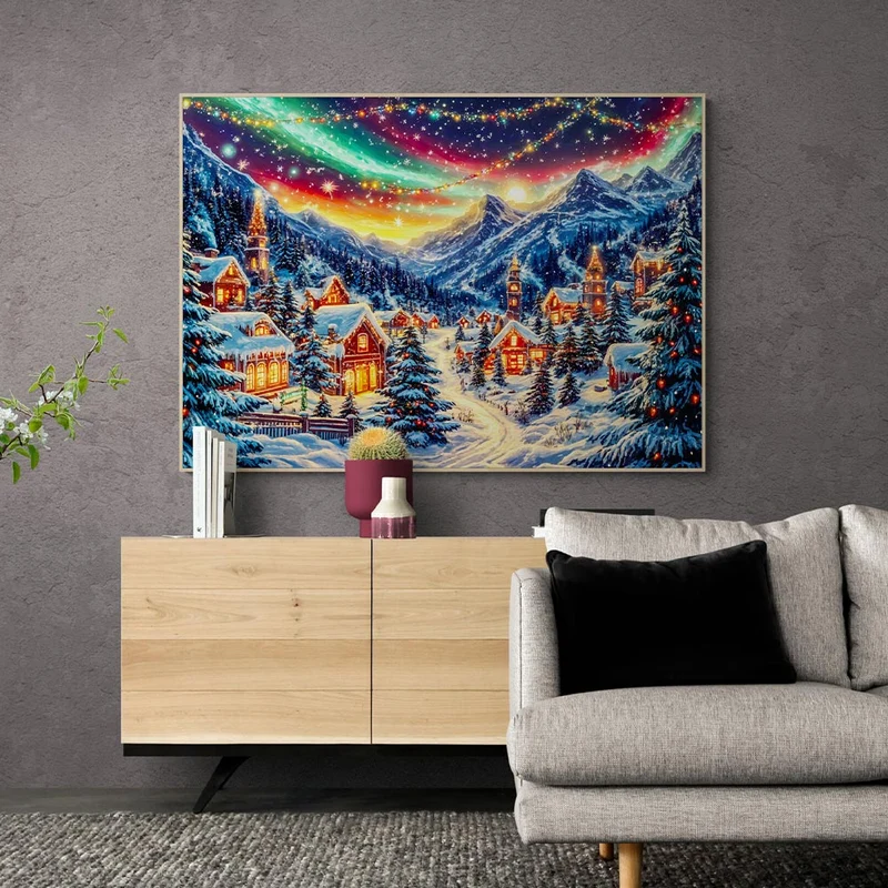 5D Diamond Painting – Winterliches Bergdorf unter Polarlichtern