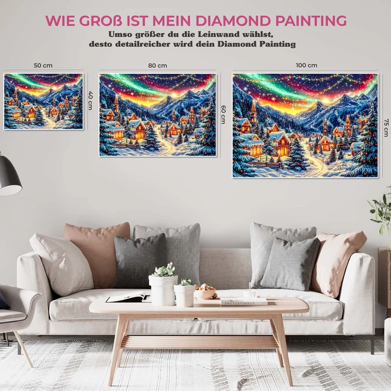 5D Diamond Painting – Winterliches Bergdorf unter Polarlichtern