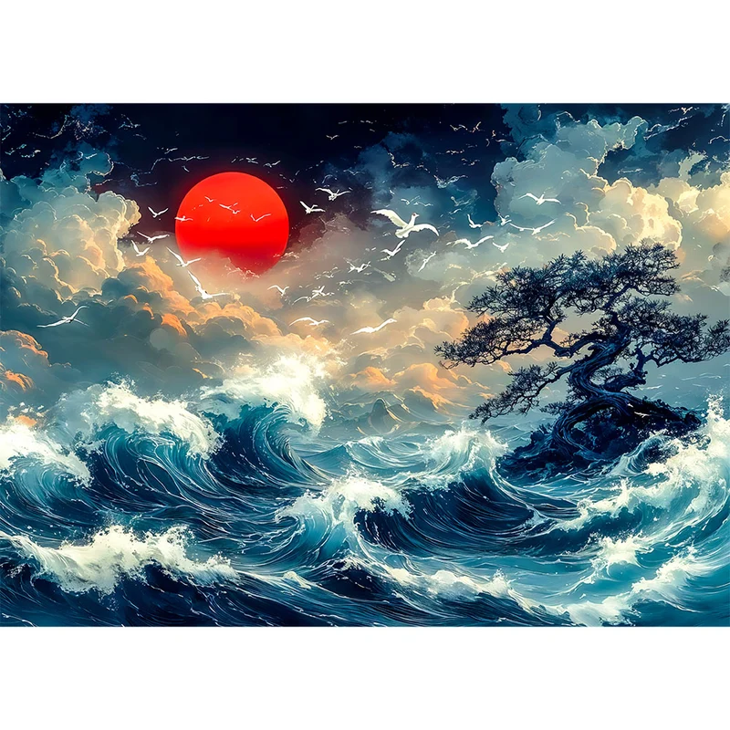 5D Diamond Painting – Sturmwellen und roter Mond