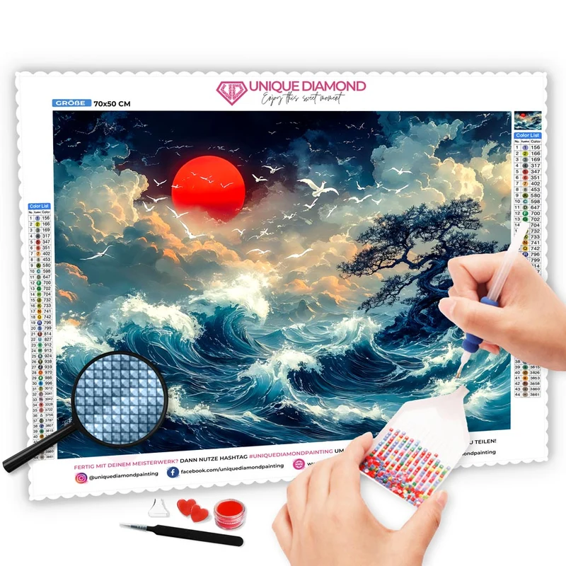 5D Diamond Painting – Sturmwellen und roter Mond