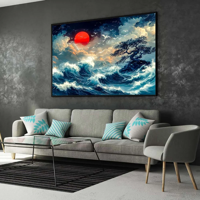 5D Diamond Painting – Sturmwellen und roter Mond