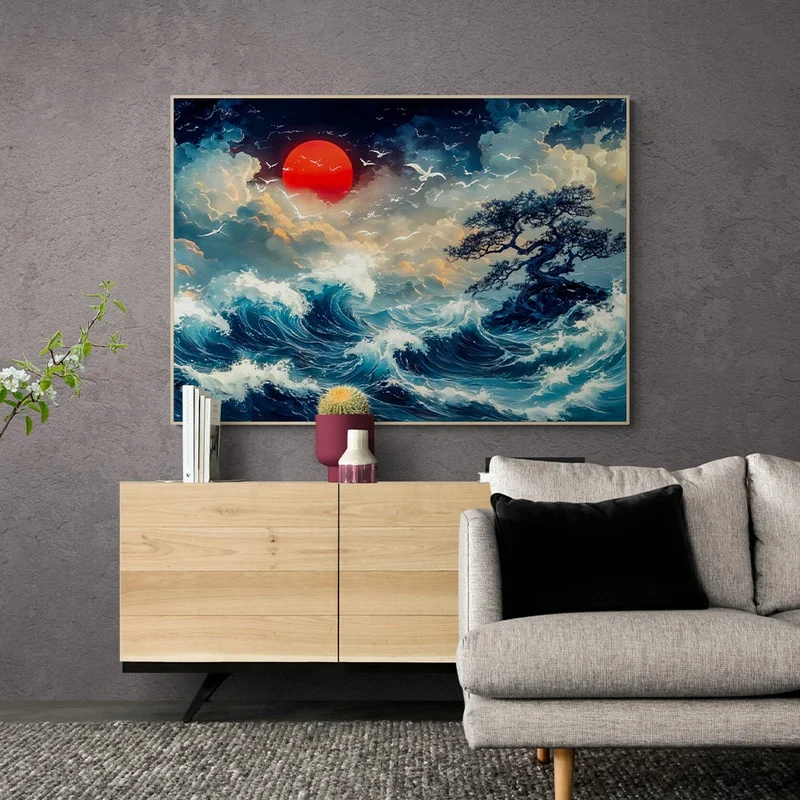 5D Diamond Painting – Sturmwellen und roter Mond