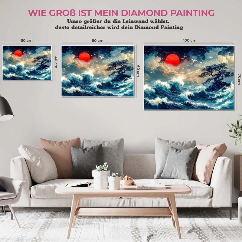 5D Diamond Painting – Sturmwellen und roter Mond