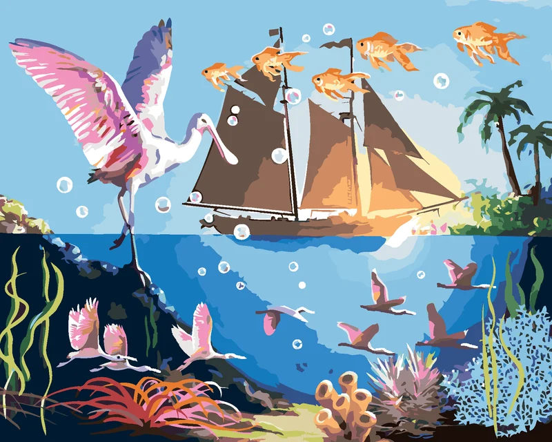 Diamond painting - MEER, VÖGEL, FISCHE, BOOT UND SONNENUNTERGANG (D. RUSTY RUST)