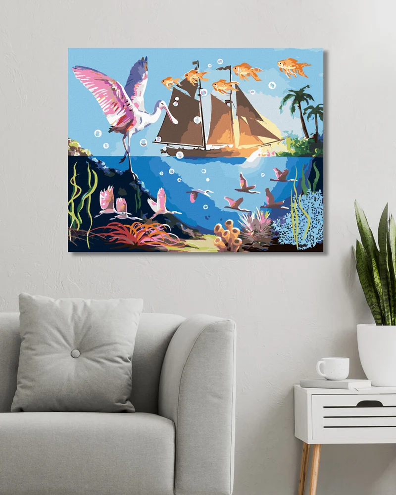Diamond painting - MEER, VÖGEL, FISCHE, BOOT UND SONNENUNTERGANG (D. RUSTY RUST)