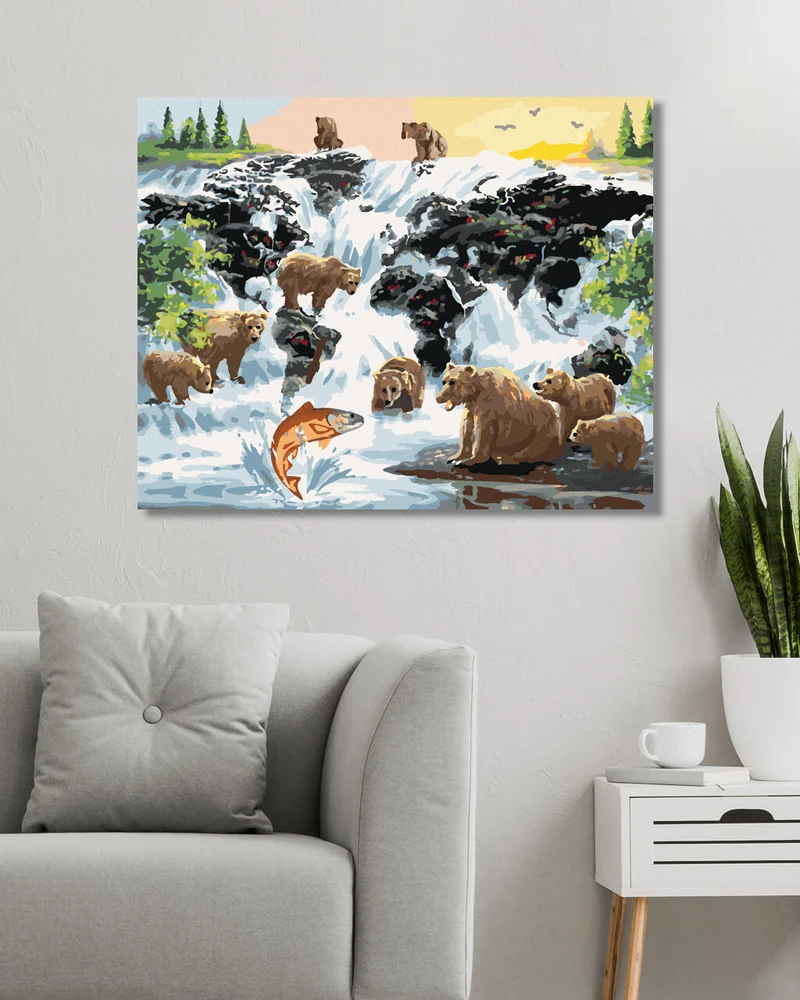 Diamond painting - BÄREN AM WASSERFALL AUF LACHSJAGD UND EINE WELTKARTE (D. RUSTY RUST)