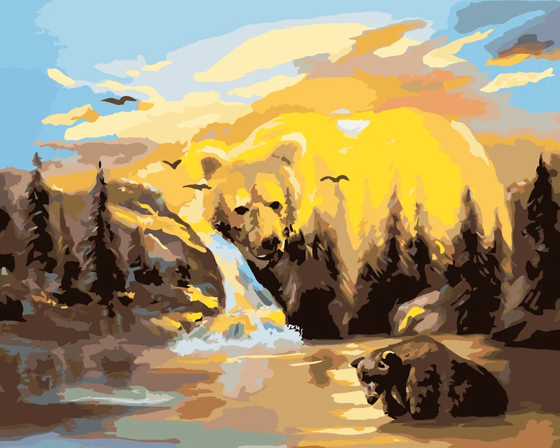 Diamond painting - BÄR, WASSERFALL UND SONNENUNTERGANG (D. RUSTY RUST)