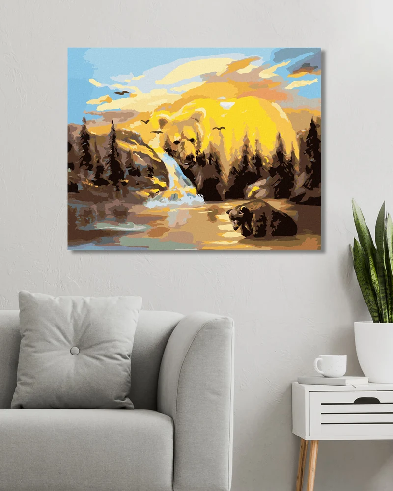 Diamond painting - BÄR, WASSERFALL UND SONNENUNTERGANG (D. RUSTY RUST)