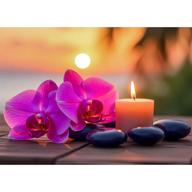 5D Diamond Painting – Orchideenruhe im Sonnenuntergang