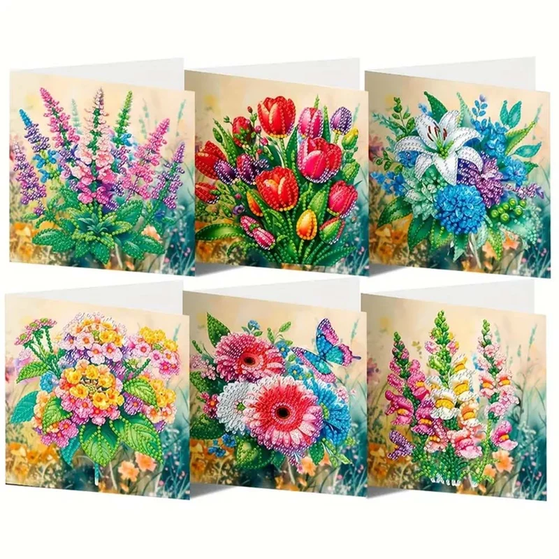 5D Diamond Painting Grußkarten – Elegante Blütenpracht 6 Stück