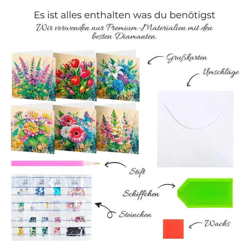 5D Diamond Painting Grußkarten – Elegante Blütenpracht 6 Stück