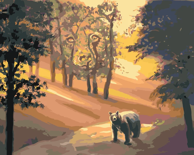 Diamond painting - BÄR IM WALD UND SONNENUNTERGANG (D. RUSTY RUST)