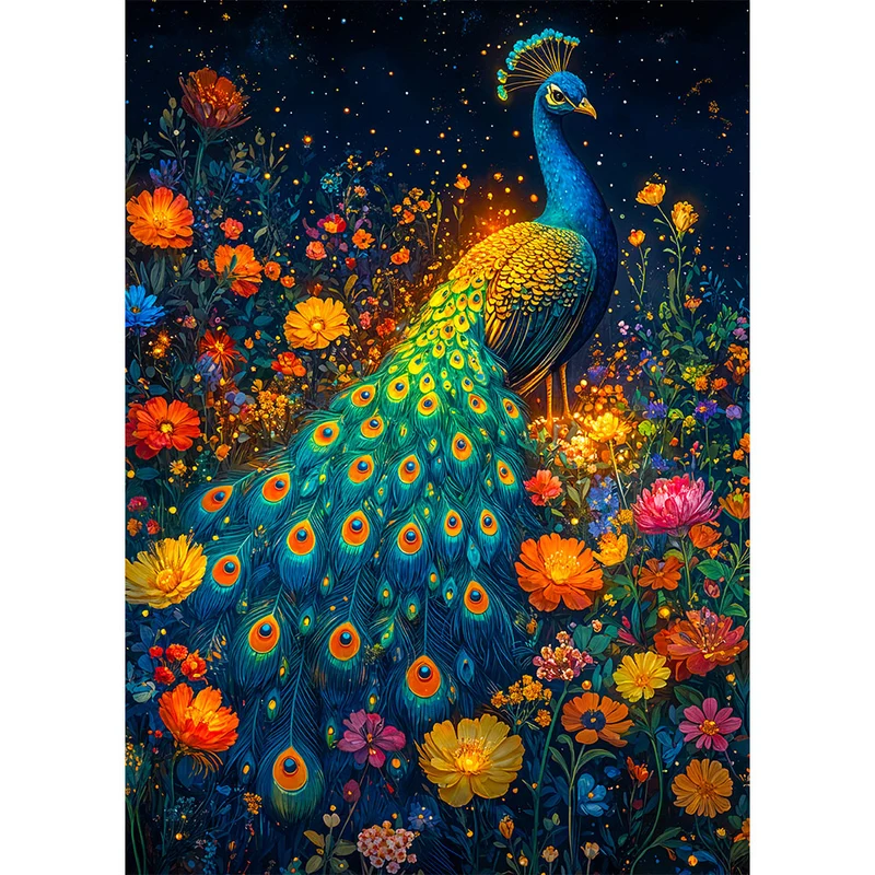 5D Diamond Painting – Pfau im Blumenfeld