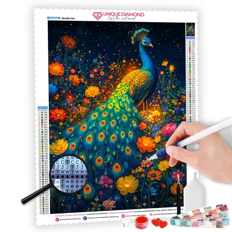 5D Diamond Painting – Pfau im Blumenfeld