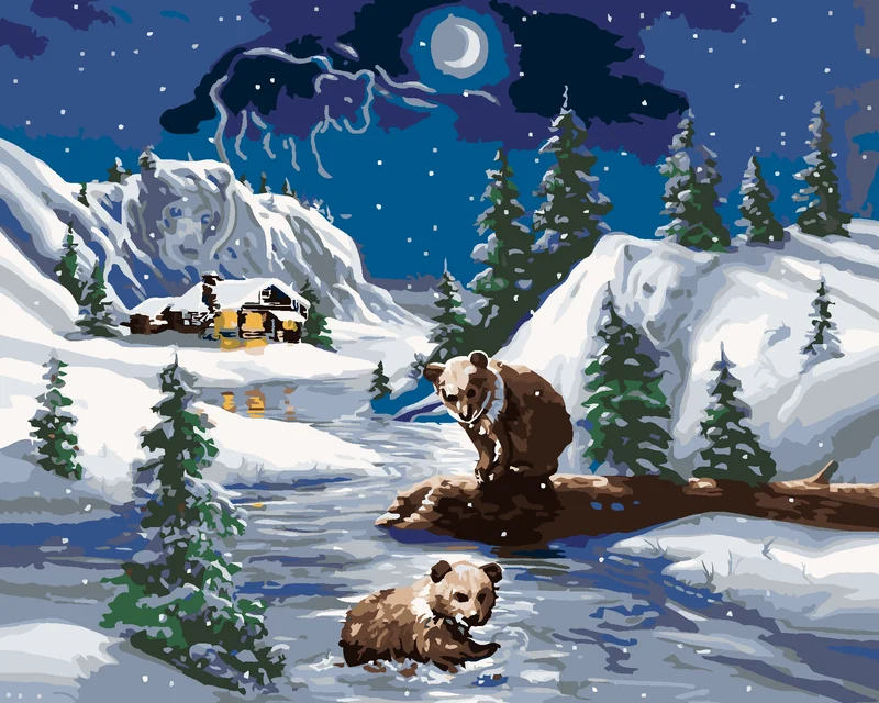 Diamond painting - BÄR AM FLUSS, HÜTTE UND MOND (D. RUSTY RUST)