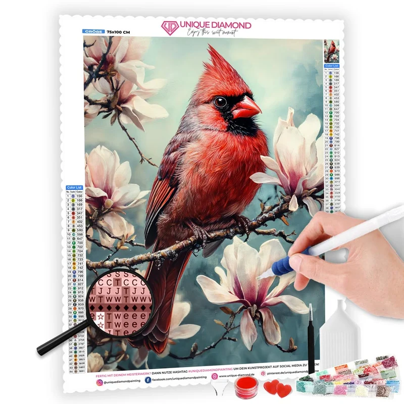 5D Diamond Painting – Kardinalserenade im Magnolienblütenzauber