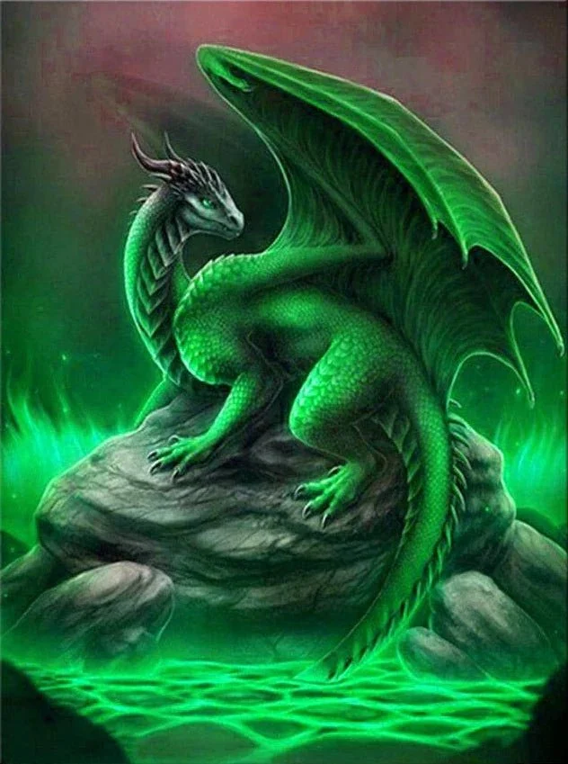 Grüner Drachen sitzt auf Felsen - 5D DIY Diamond Painting