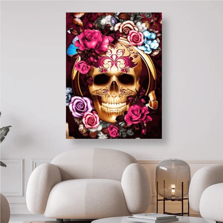 Goldener lachender Schädel mit Blumen - 5D DIY Diamond Painting