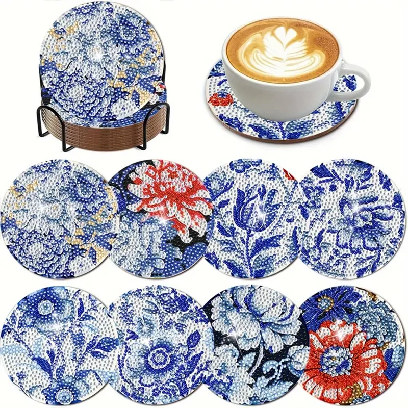 5D Diamond Painting Untersetzer – Blumenmuster Eleganz in Blau und Rot