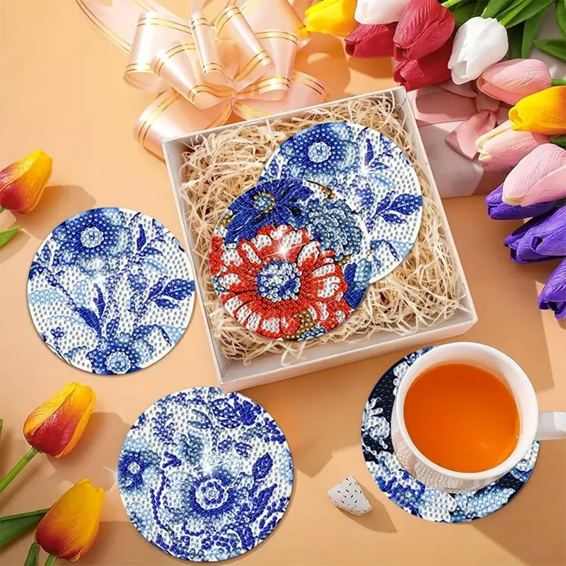 5D Diamond Painting Untersetzer – Blumenmuster Eleganz in Blau und Rot